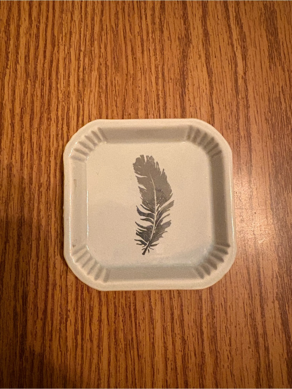 Small Sheffield Home Ceramic Square Jewelry Dish with Gray Feather